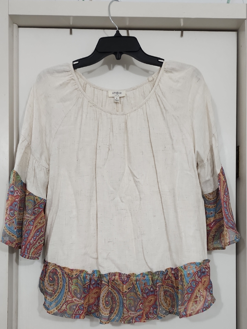 Umgee Cream Blouse with Multicolor Paisley Trim